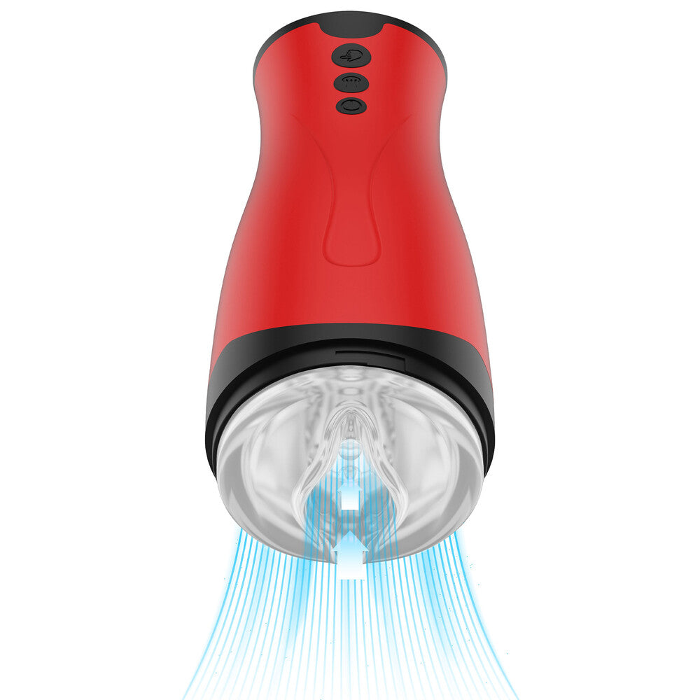 Red Fusion X suction masturbator toy with clear internal detail and control buttons.