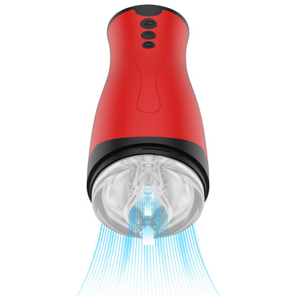 Red Fusion X suction masturbator toy with clear internal detail and control buttons.