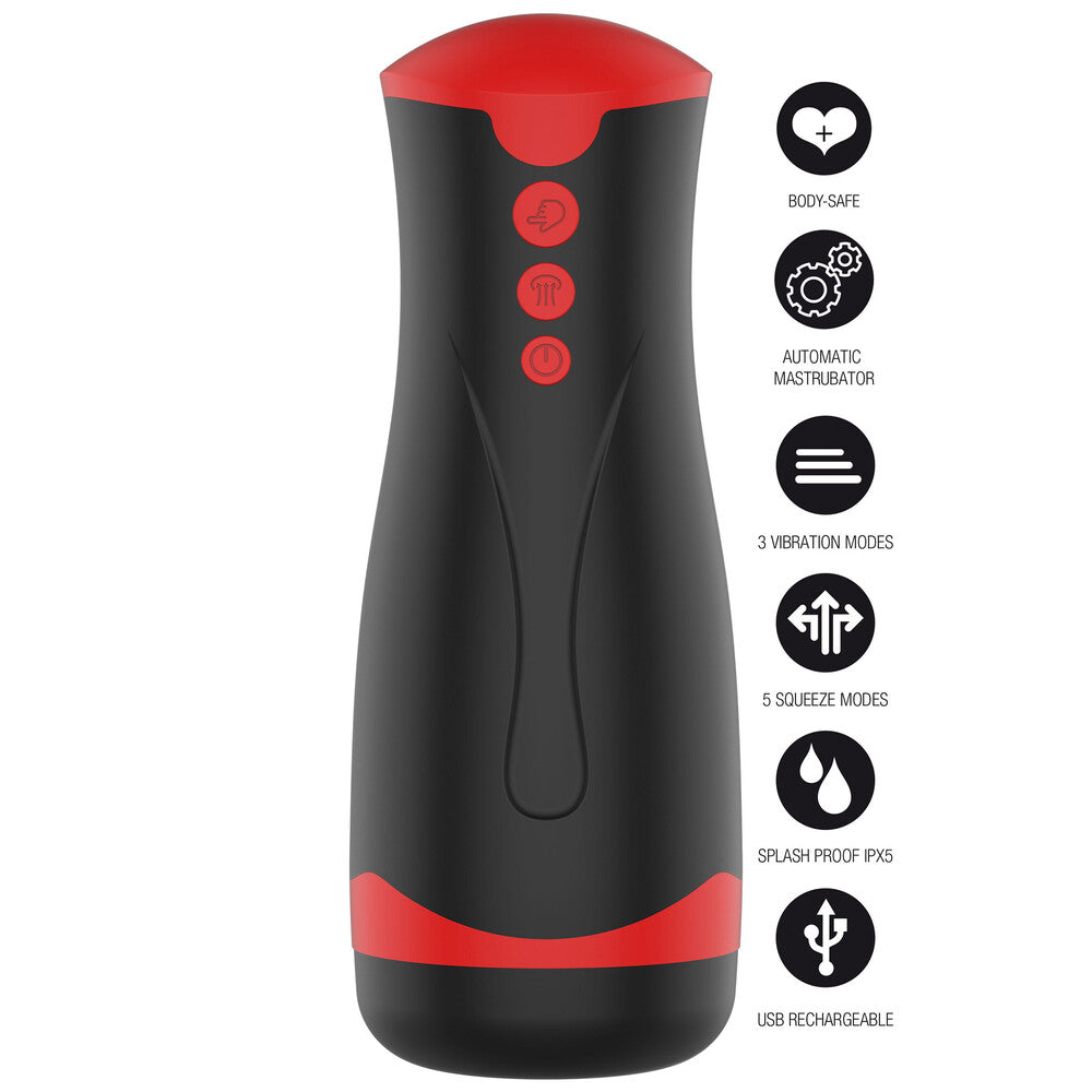 Black and red automatic masturbator, boasting body-safe materials, multiple vibration and squeeze settings, plus it is USB rechargeable.