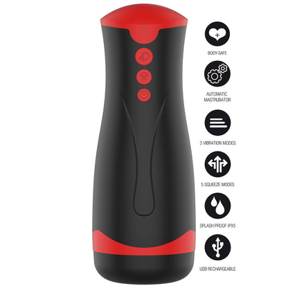 Black and red automatic masturbator, boasting body-safe materials, multiple vibration and squeeze settings, plus it is USB rechargeable.