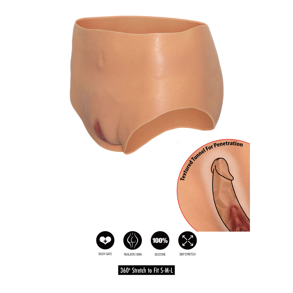 Hidden Desire Alter Ego brief with open vagina detail. Adult novelty item, made of silicone. Diagram showing penetration.