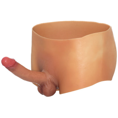 Novelty boxer shorts with attached penis dildo.