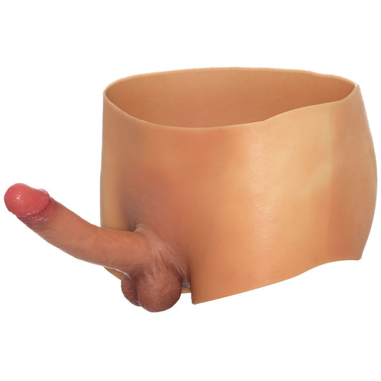 Novelty boxer shorts with attached penis dildo.