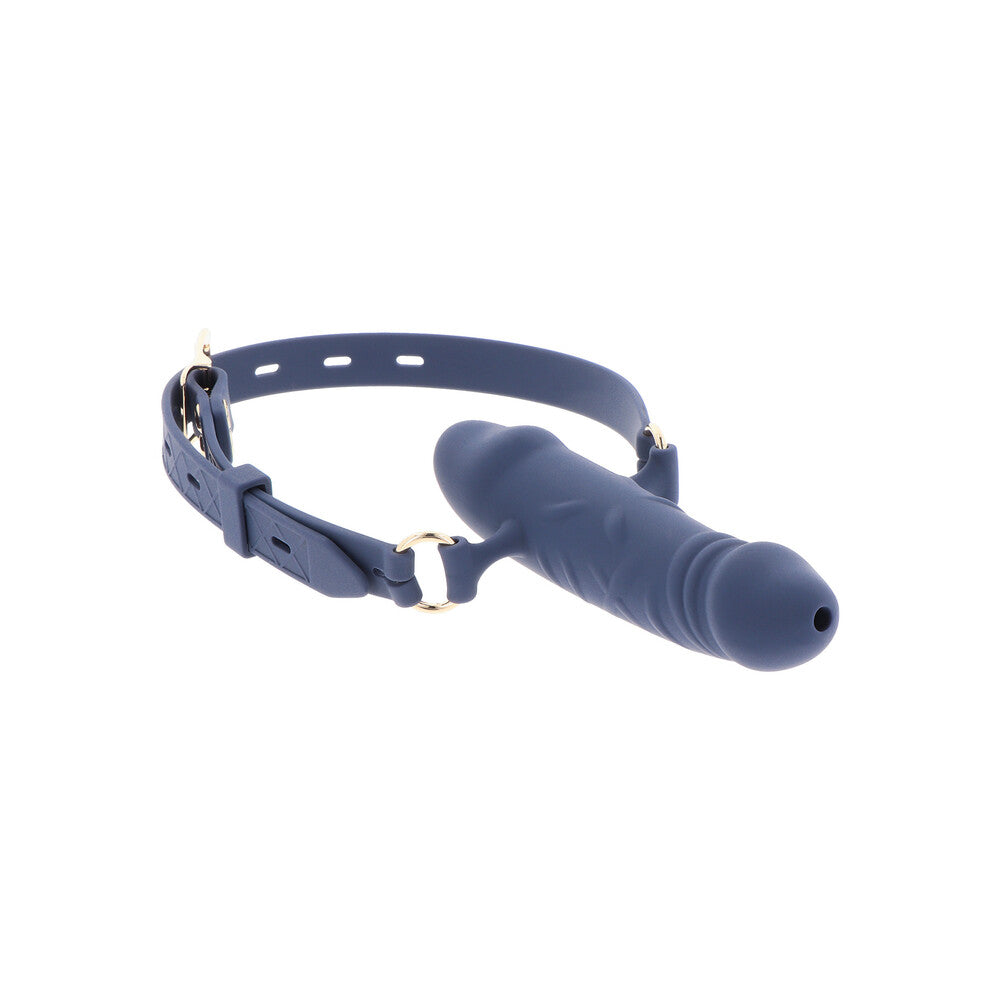 Blue silicone penis gag with adjustable strap.