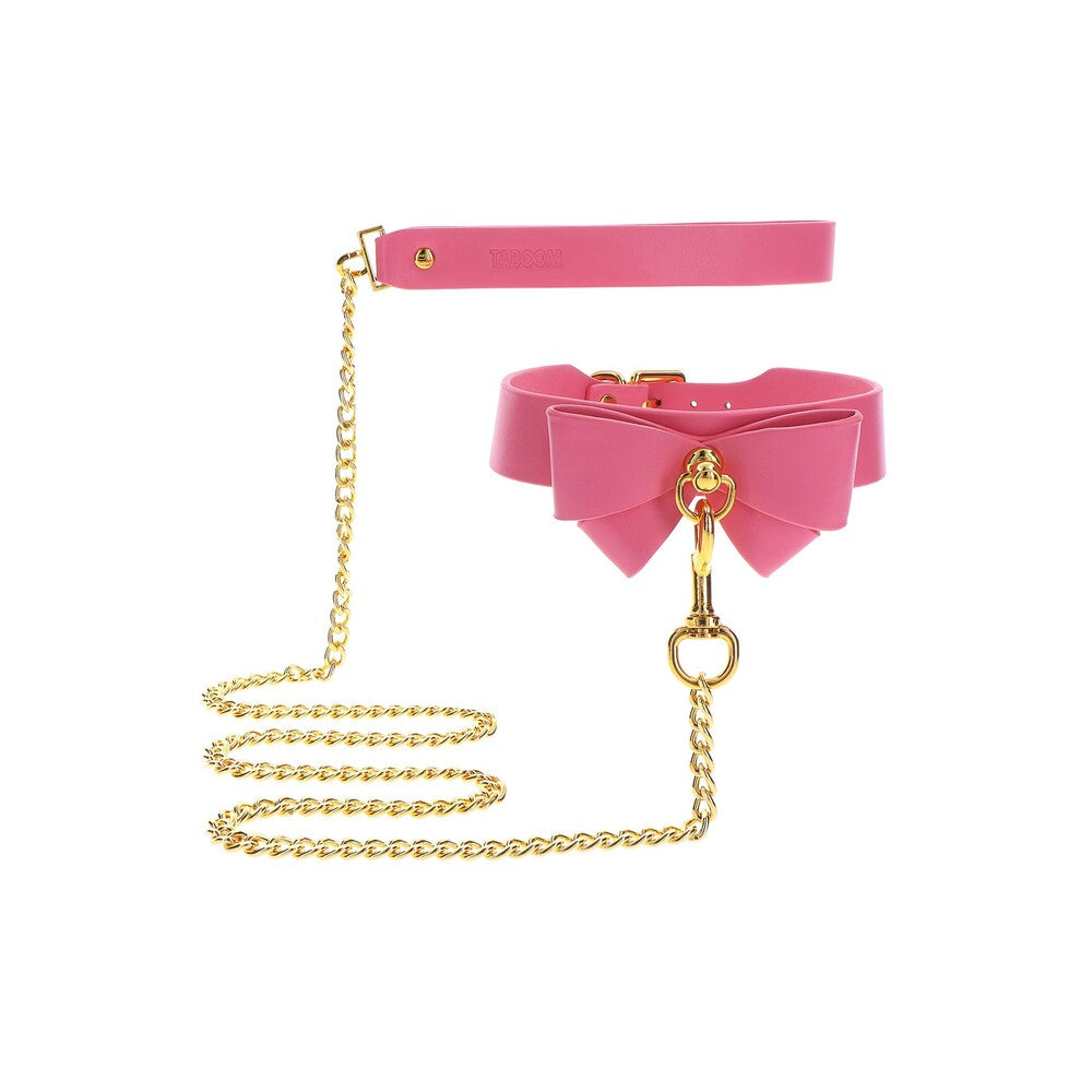 Taboom Malibu bow collar and lead set in playful pink with gold chain.
