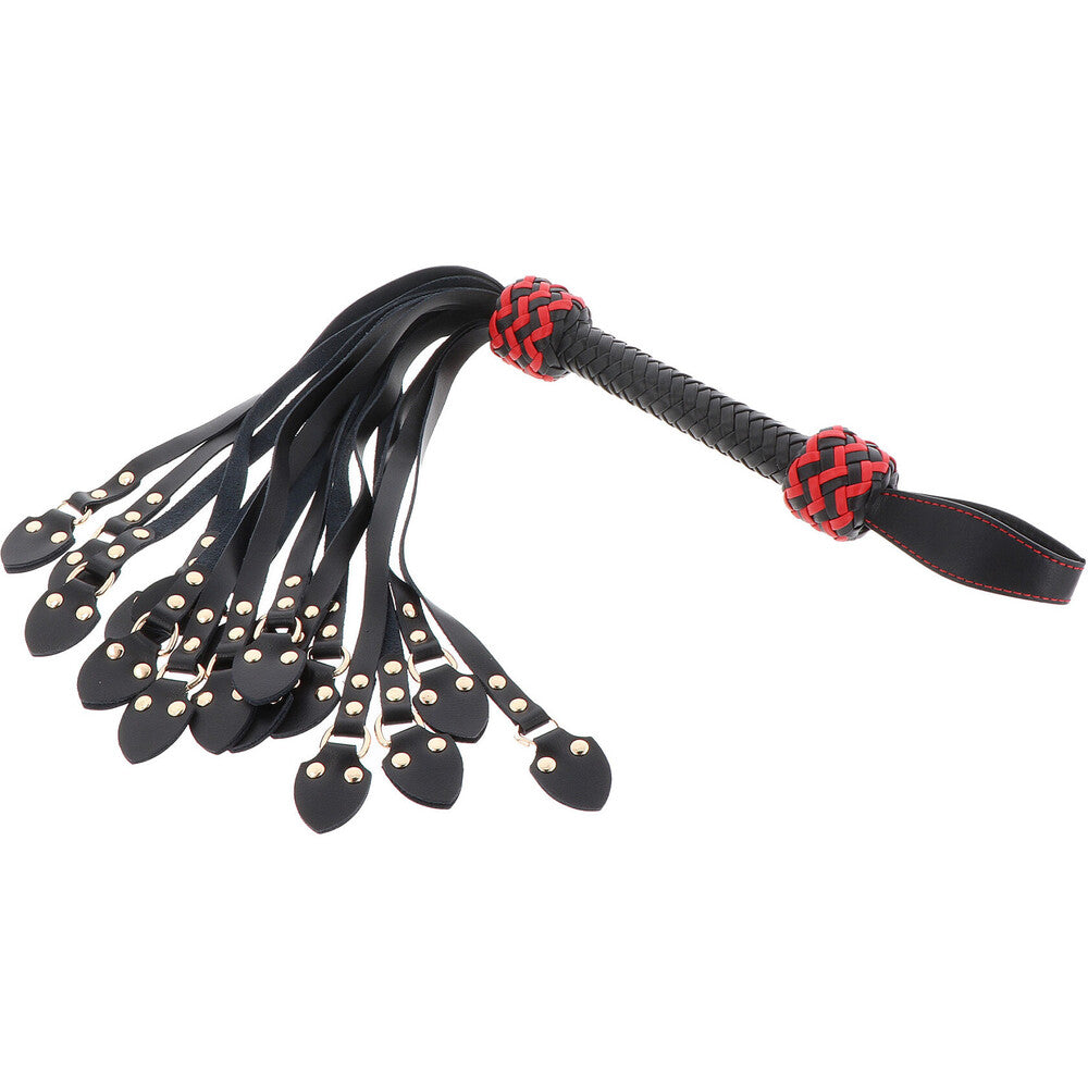 Leather flogger with red and black accents.