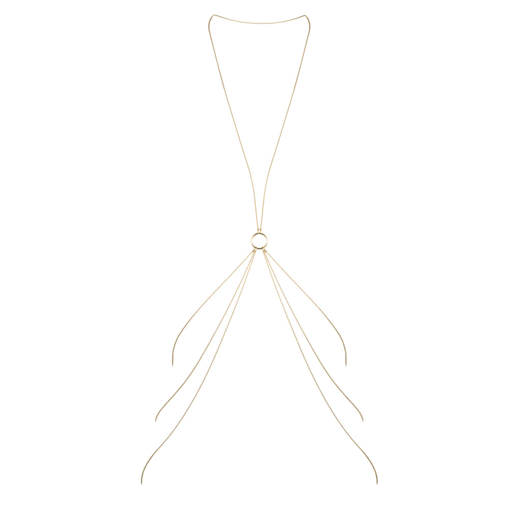 Gleaming gold body chain: A cascade of delicate gold, ready to adorn your skin like whispers of pleasure.
