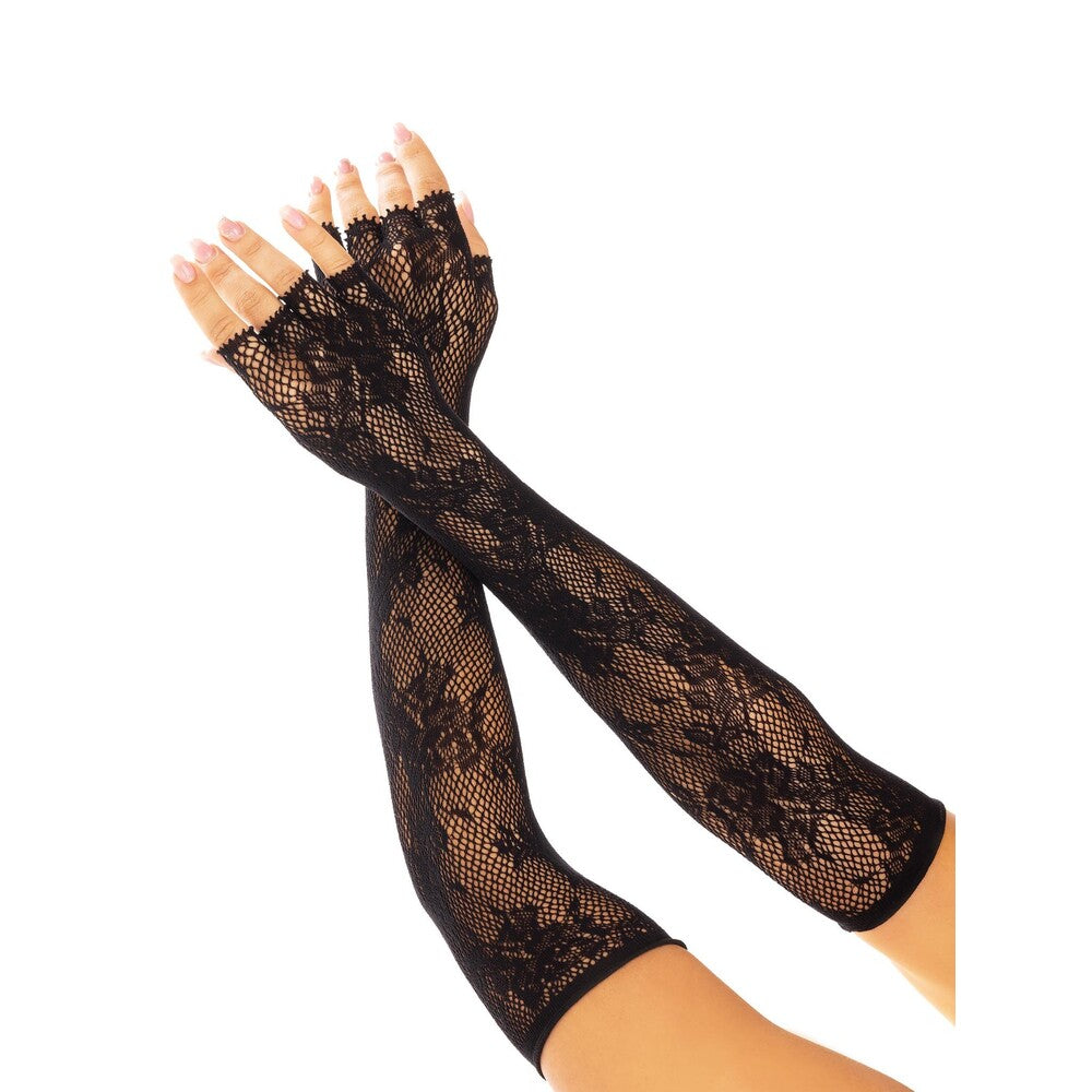 Black floral net fingerless gloves on arms.