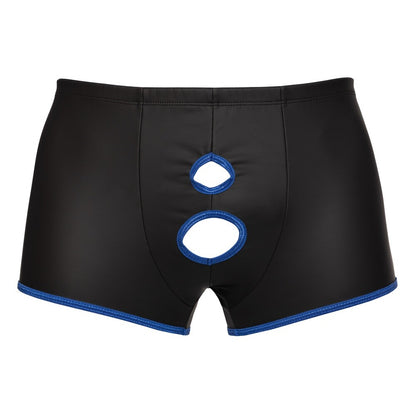 Svenjoyment open-front pants. Black with blue trim, featuring cheeky peepholes for easy access and a playful twist.