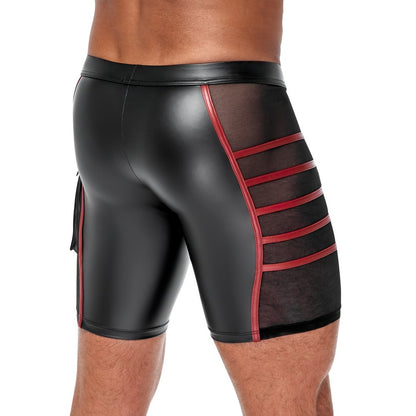 Nek London shorts, black faux leather with red trim and mesh detail.