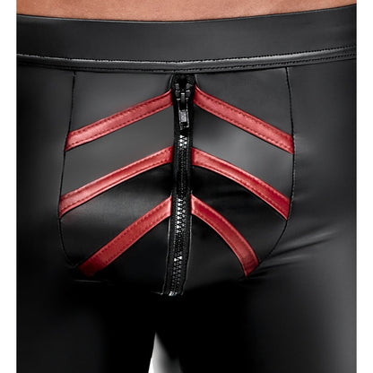 Black Nek shorts with a front zip and red accents.