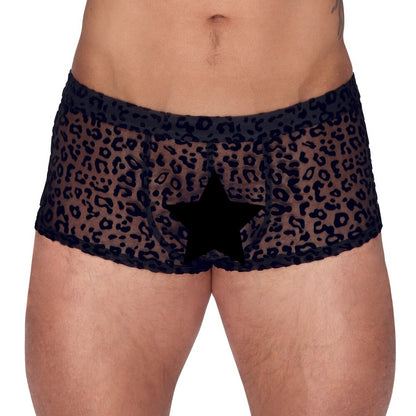 Man wearing sheer animal print boxers with star