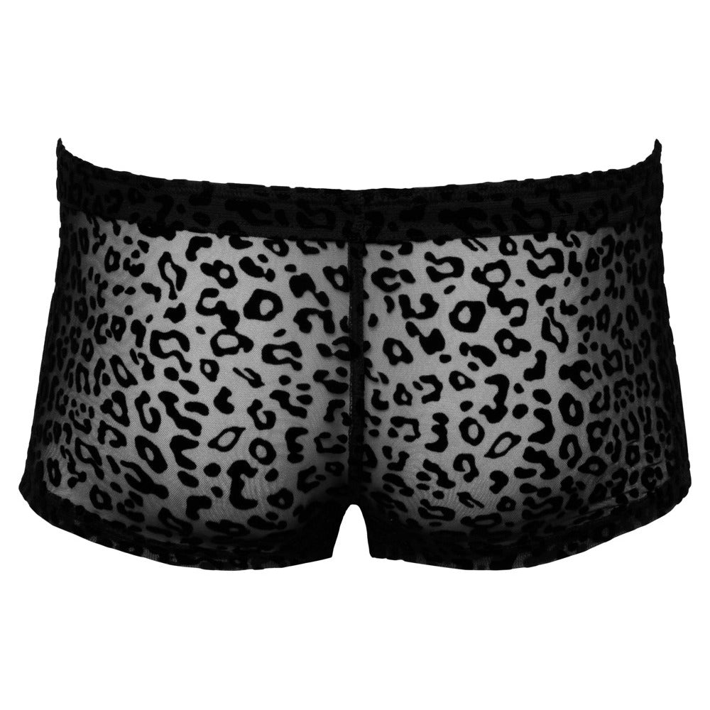 Sheer black lingerie shorts with an animal print pattern.