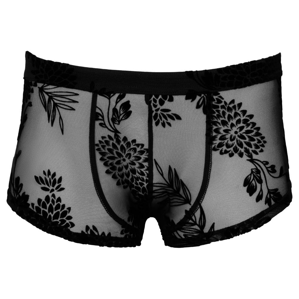 Black sheer floral lace men's lingerie boxer briefs.