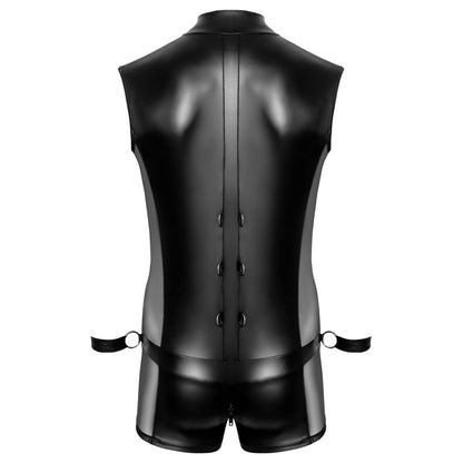 Glossy black jumpsuit, a leatherette fantasy. Buttons cascade down the back. Straps tease at the hips, a playful promise of naughty nights.
