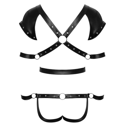 Dare to desire. Faux leather bondage harness. Rivets gleam, buckles tease – a daring embrace, promising a night of untold pleasures.

