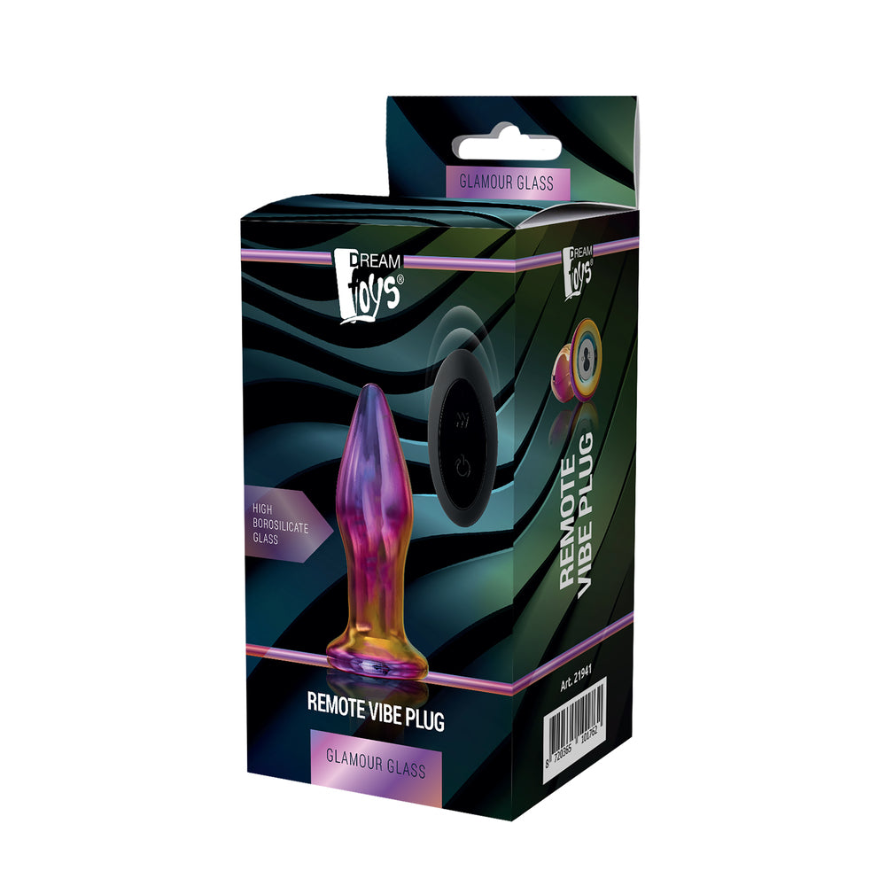 Dream Toys Glamour Glass Remote Vibe Plug boxed. Borosilicate glass pleasure with wireless control.