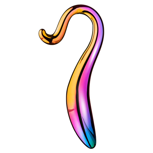 Rainbow-coloured, curved glass dildo.