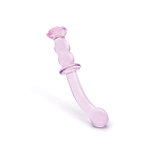 Pink rosebud glass G-spot dildo for pleasure.