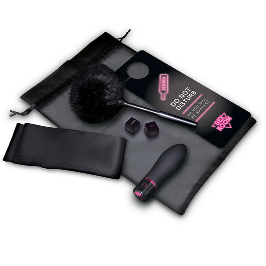 Sex Room Vibe Kit with vibrator, dice, feather tickler, blindfold, storage bag, and "Do Not Disturb" sign.
