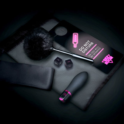 Dream Toys' Sex Room Vibe Kit: vibrator, feather tickler, sexy dice, blindfold and "Do Not Disturb" sign.