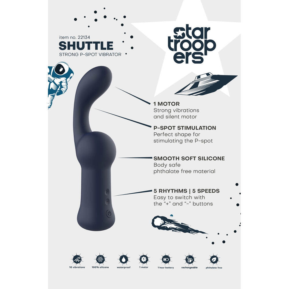 Startroopers Shuttle: P-spot vibrator. Features include 1 motor, soft silicone, multiple rhythms & speeds, designed to target the P-spot.