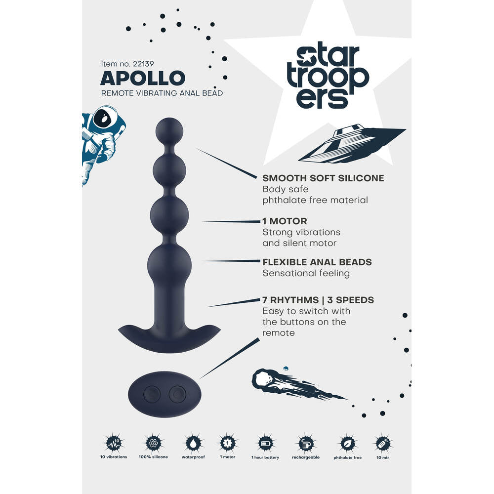 Apollo remote vibrating anal beads by Star Troopers. Silcone, phthalate free, waterproof with multiple speeds and rhythms.