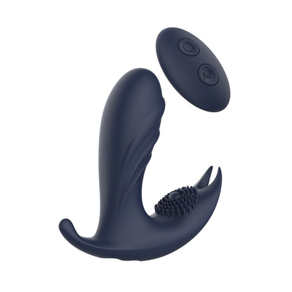 Navy blue prostate massager with remote control.