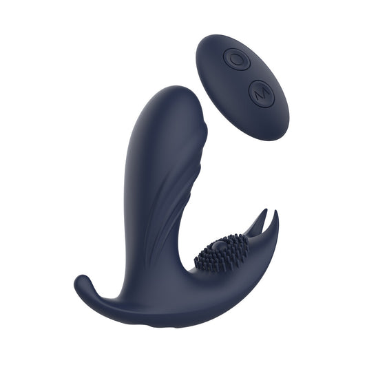 Navy blue prostate massager with remote control.