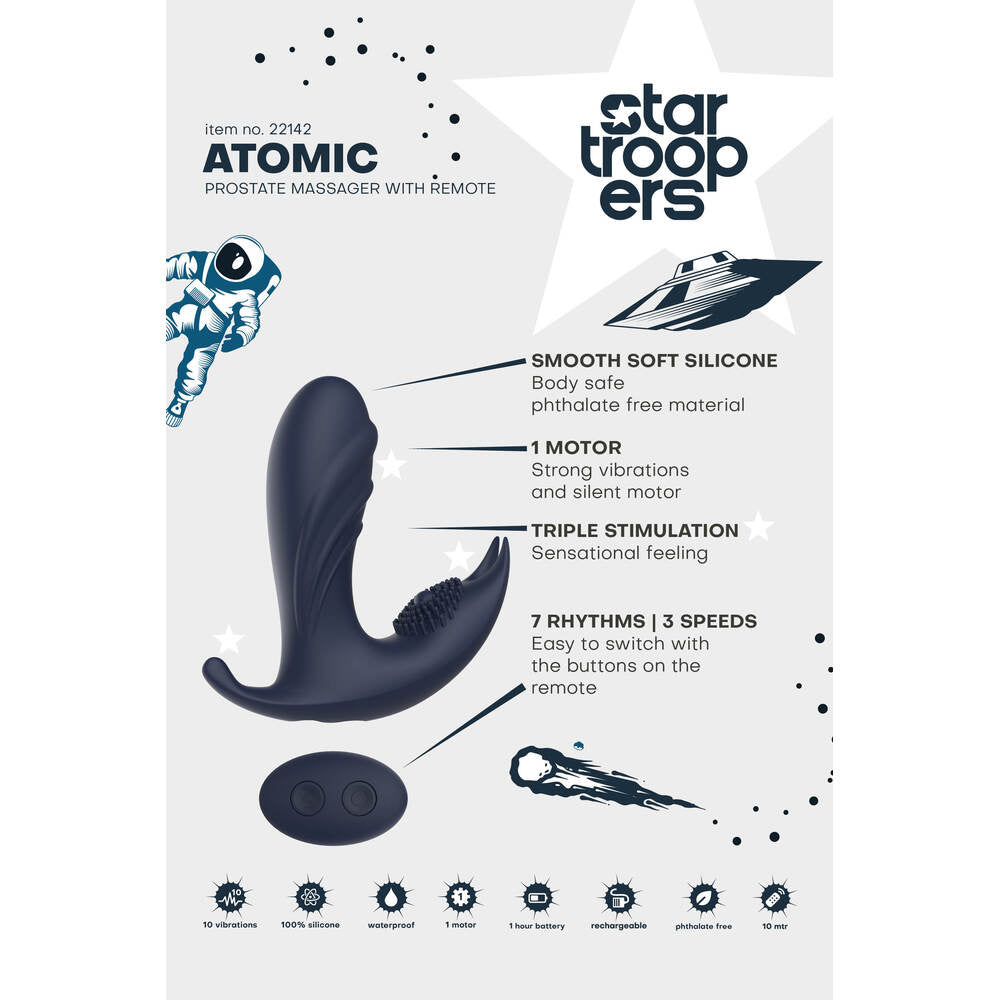 Star Troopers Atomic Prostate Massager with remote: stimulating, phthalate-free silicone, multiple rhythms & speeds for personalised pleasure.