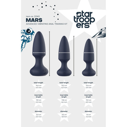 Star Troopers Mars vibrating anal training kit with three butt plugs and dimensions.