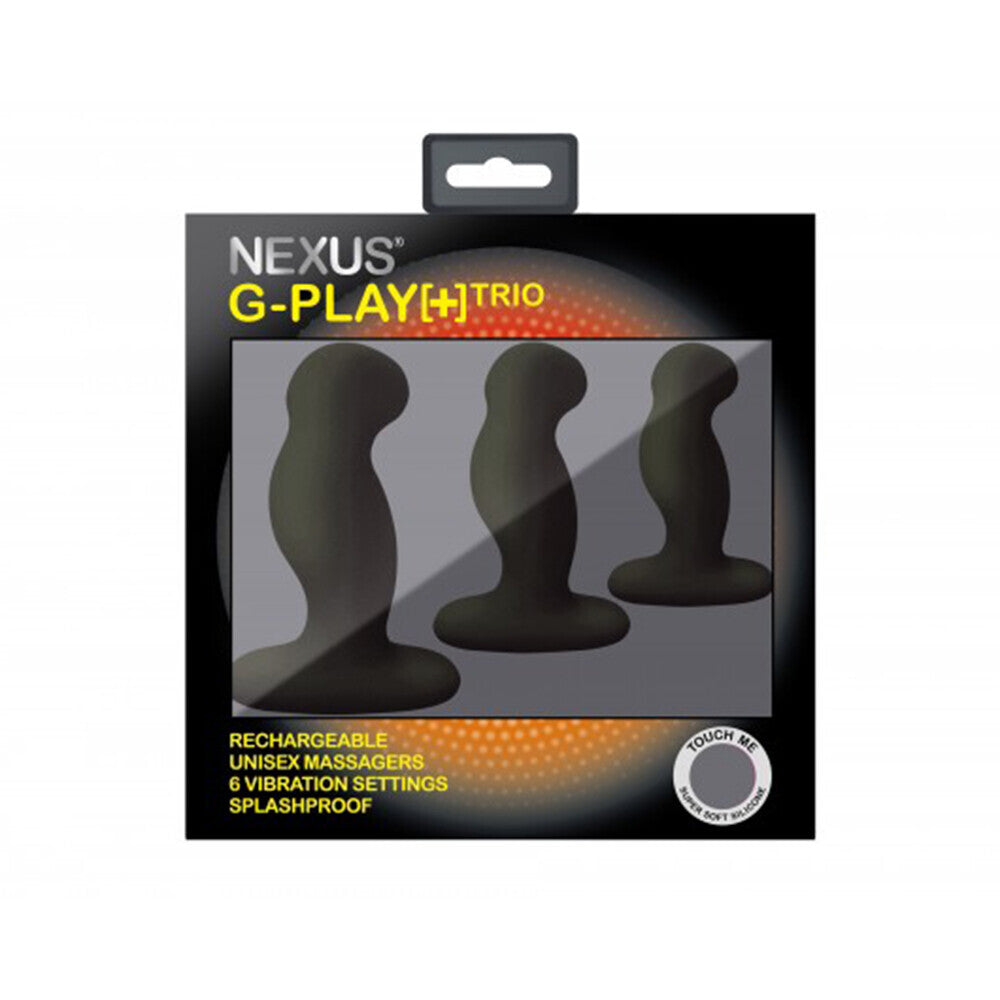 Nexus G-Play Trio black vibrating prostate massagers in box.