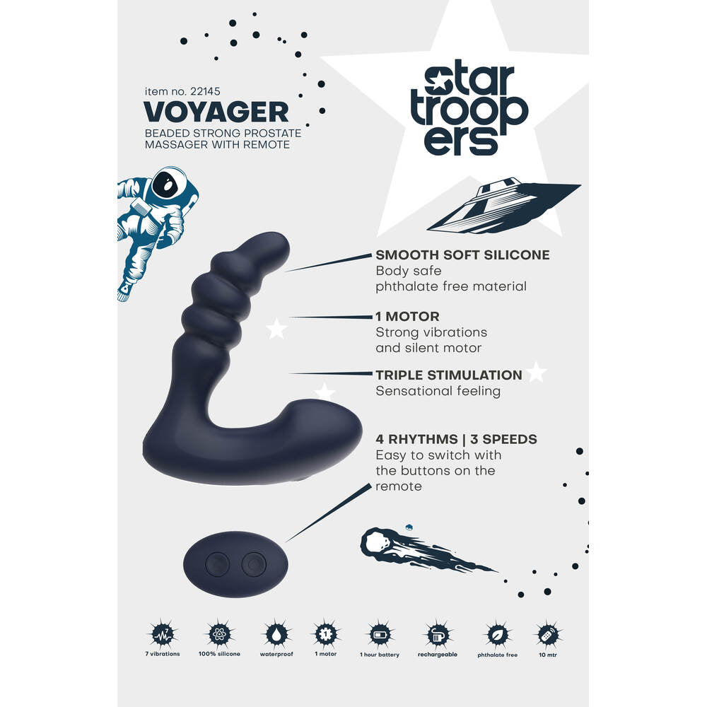 Voyager prostate massager with remote, smooth silicone, body safe and phthalate free. Triple stimulation, 4 rhythms, 3 speeds.