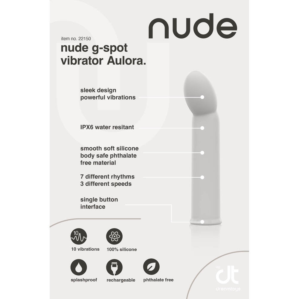 Nude Aulora vibrator for G-spot play, highlighting its sleek design, various settings, phthalate-free, splashproof, and rechargeable features.