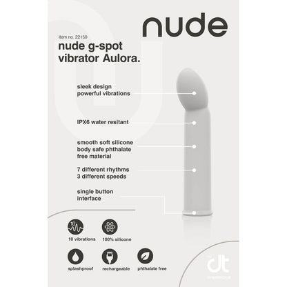 Nude Aulora vibrator for G-spot play, highlighting its sleek design, various settings, phthalate-free, splashproof, and rechargeable features.