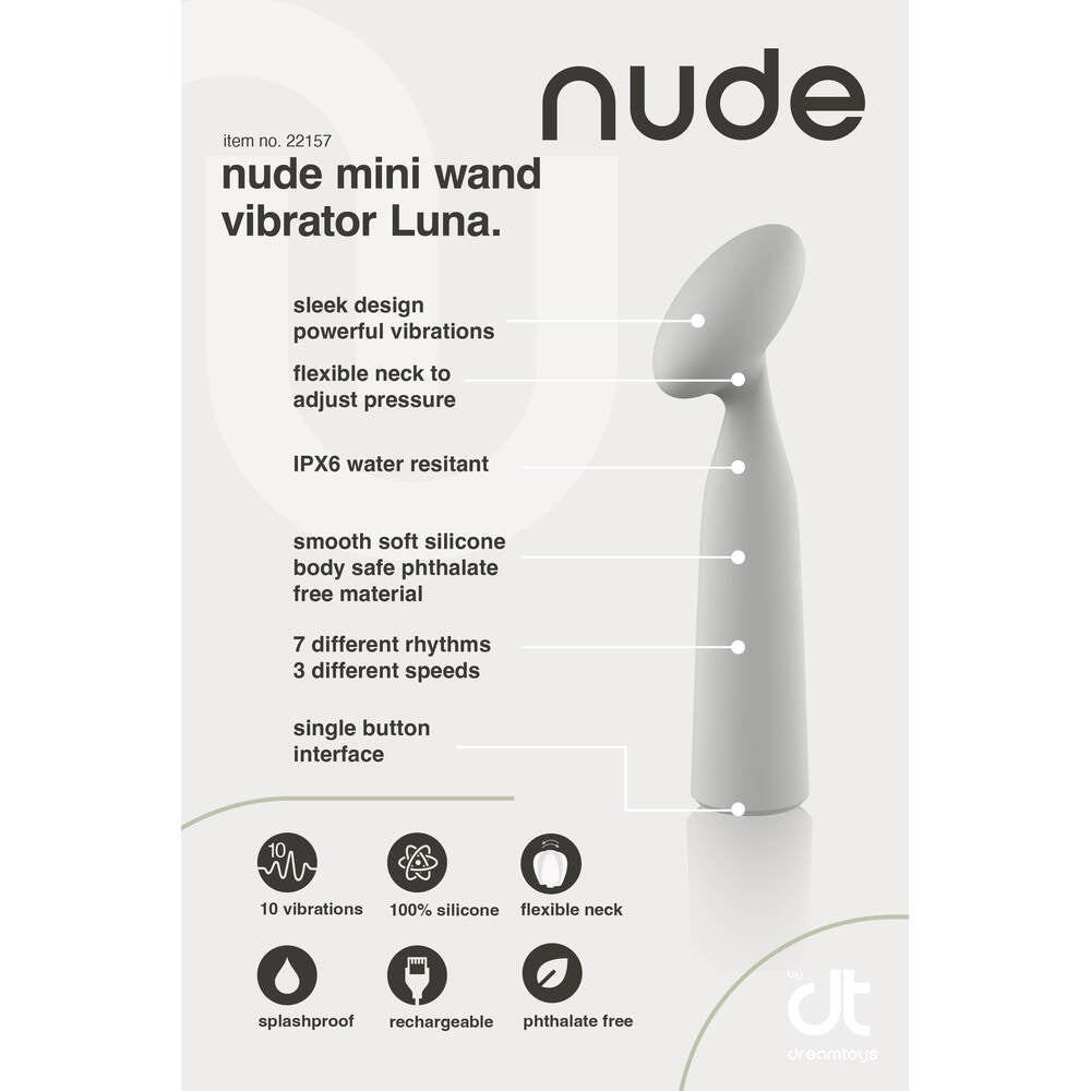 Nude Luna mini wand vibrator; sleek, phthalate-free silicone with flexible neck, adjustable pressure, multiple rhythms and splashproof design.
