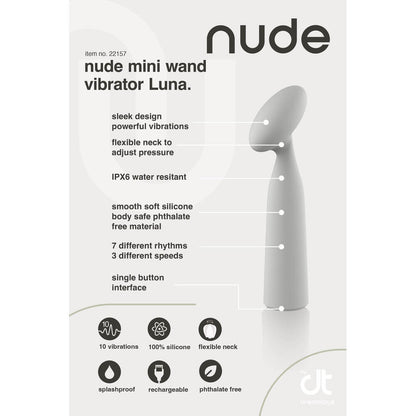 Nude Luna mini wand vibrator; sleek, phthalate-free silicone with flexible neck, adjustable pressure, multiple rhythms and splashproof design.