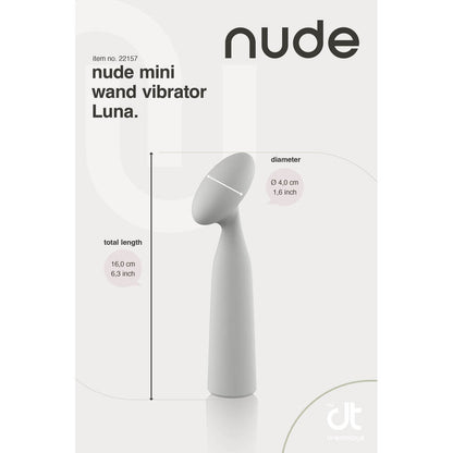 Nude Luna Mini Wand Vibrator. Diagram showing its sleek design and dimensions in centimetres and inches. Dream Toys.
