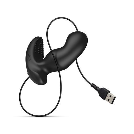 Black Nexus prostate massager with textures and USB charging cable.
