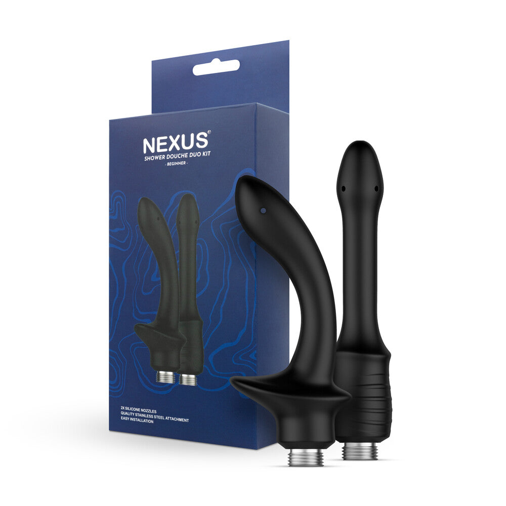 Nexus Shower Douche Duo Kit Beginner in packaging and separately, black silicone and stainless steel attachment.