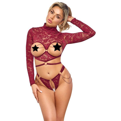 Red lace open lingerie set with long sleeves and gold chain detail.