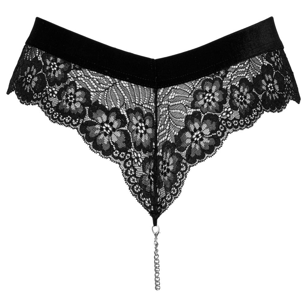 Black floral lace panties with a cheeky chain detail. Ready to play.