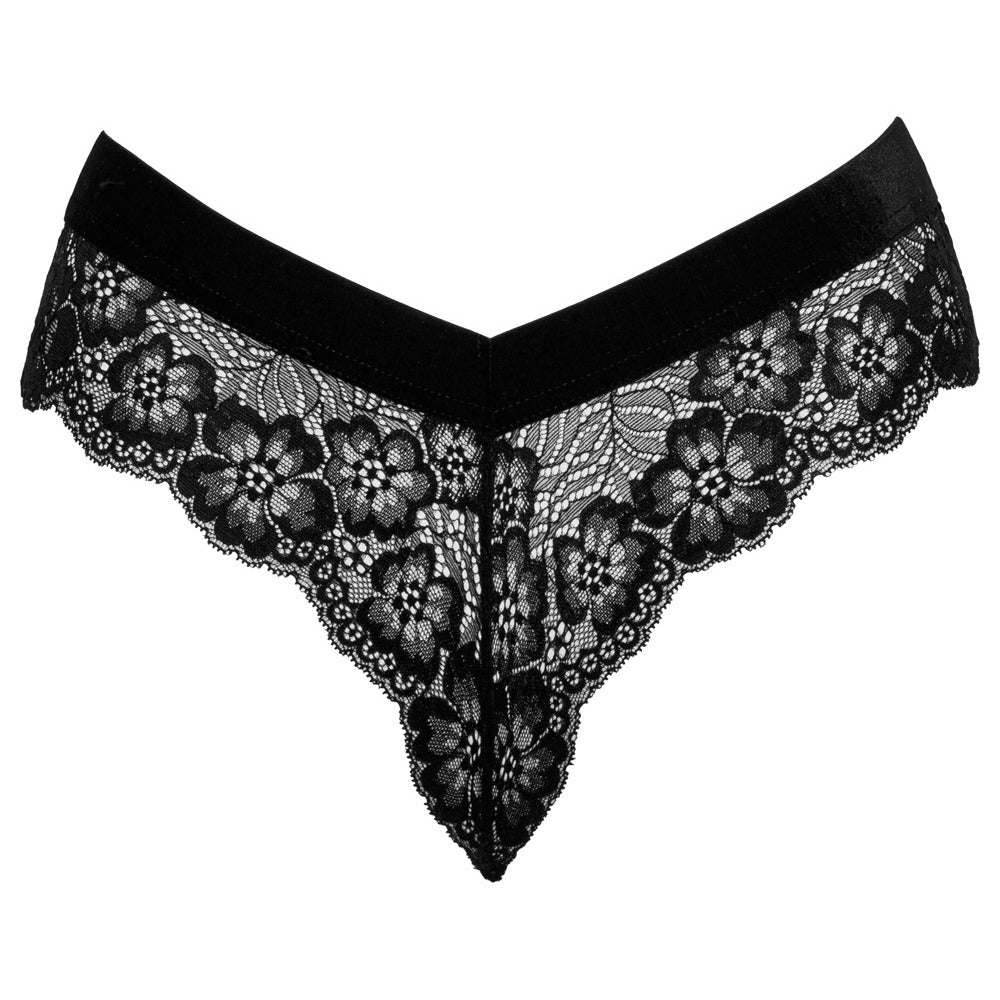 Black floral lace Cottelli thong with a velvet waistband.