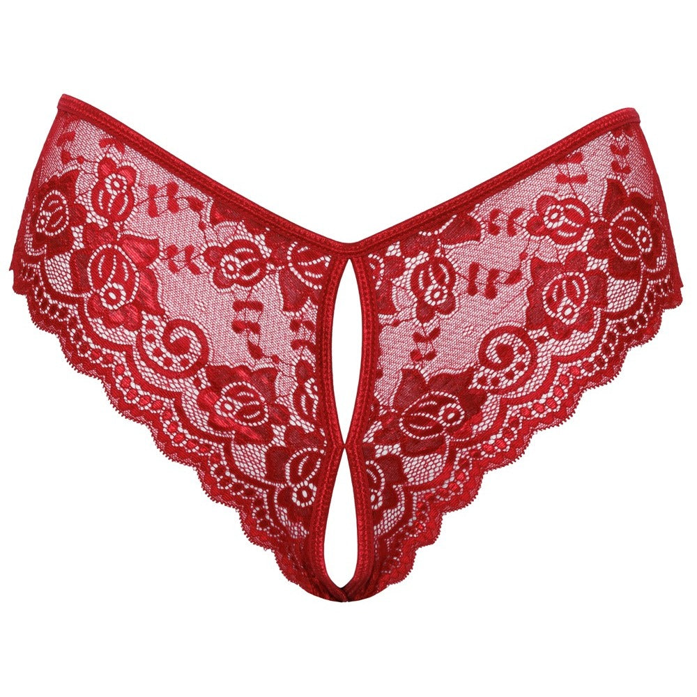 Red floral lace crotchless panty.