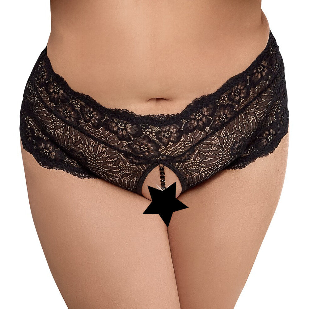 Black floral lace panties with pearl chain detail.
