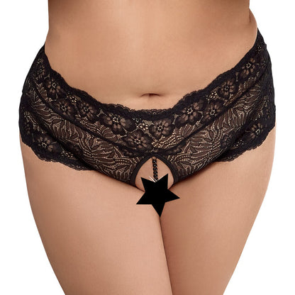 Black floral lace panties with pearl chain detail.