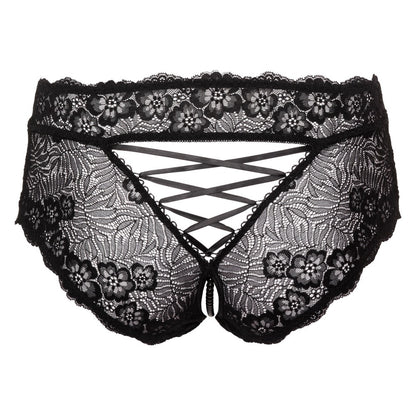 Black lace panties with pearl chain detail.
