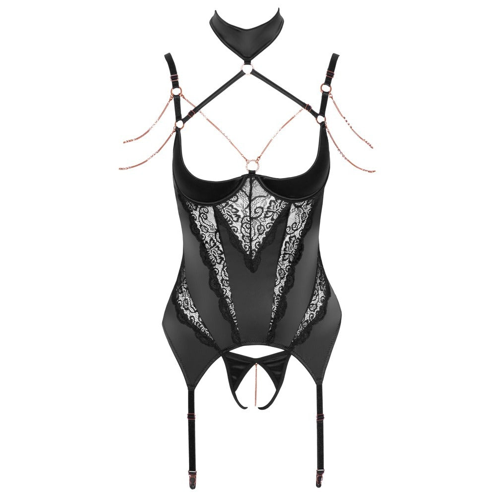 Dare to reveal: black Basque with flirtatious chains and lace, promising exquisite allure.
