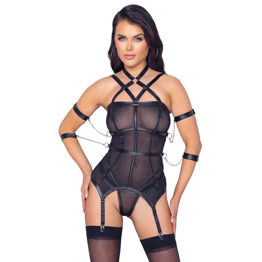 Bondage-style basque lingerie with suspenders and stocking