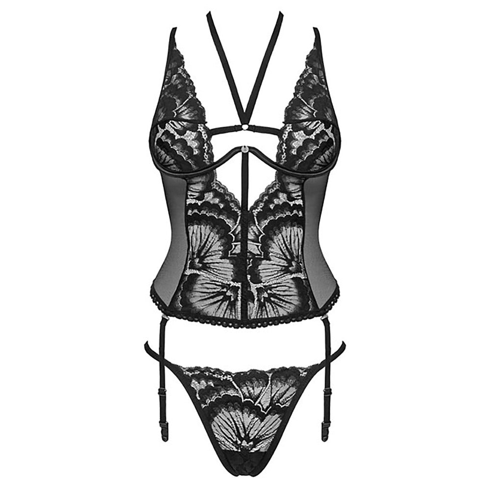 Black lace and mesh Alessya corset set with suspender straps and matching thong.